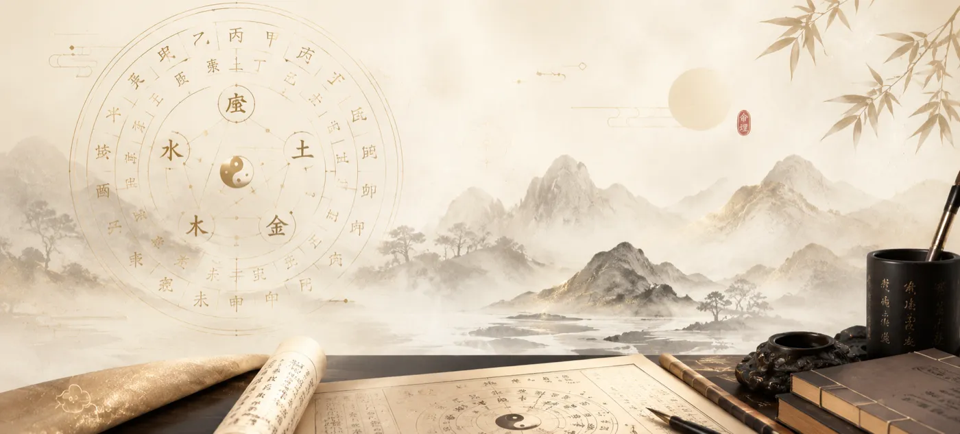 An open BaZi almanac and brush beside a five-element chart over an ink-wash landscape