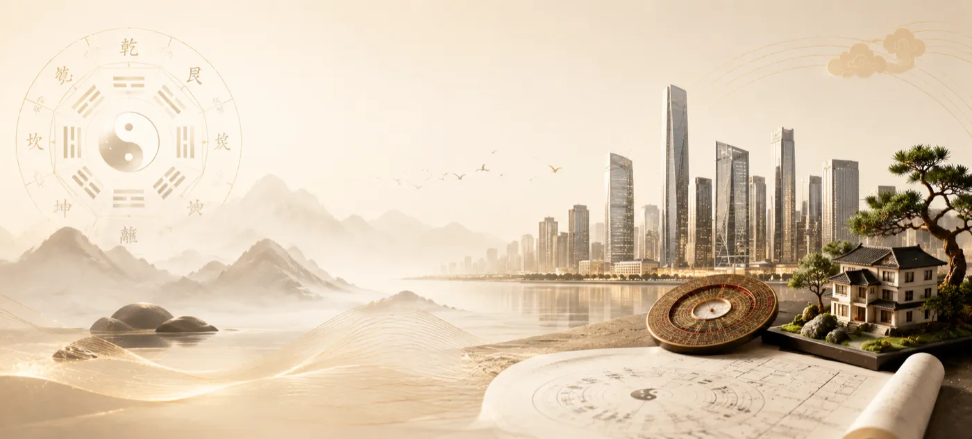 A luopan compass and a floor plan laid out before a city skyline across the water