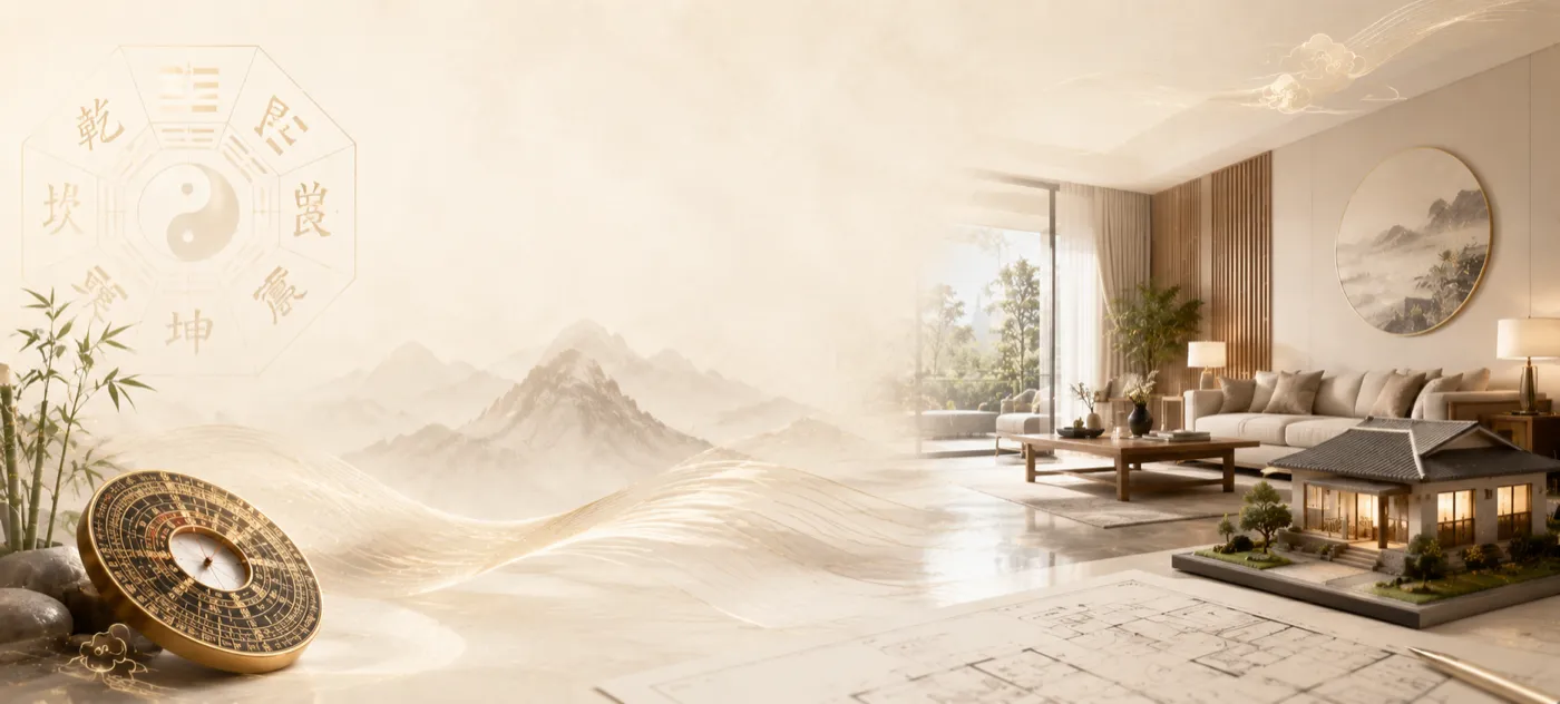 A luopan compass and a house plan beside a calm, light-filled living room