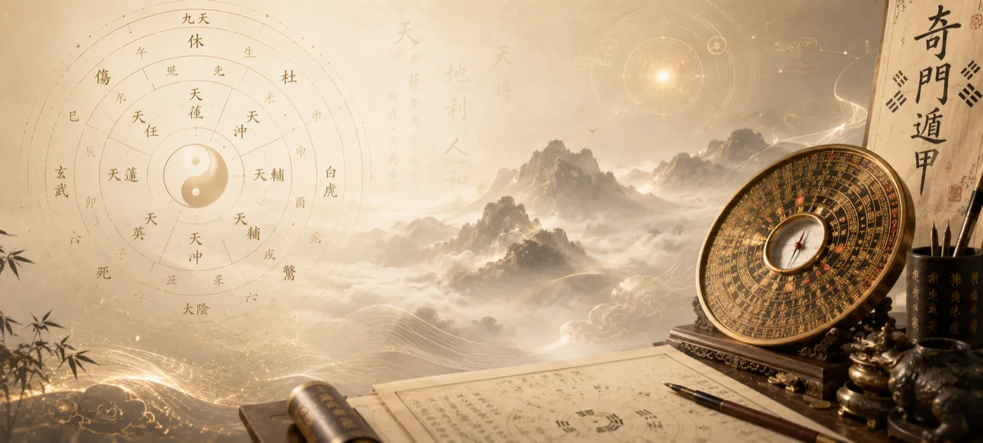 A brass luopan compass and an open Qi Men Dun Jia chart before a misty mountain landscape