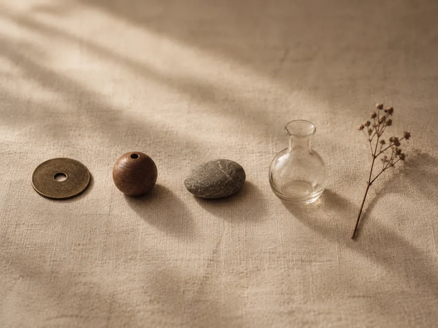 Five objects representing the elements laid in a row on linen