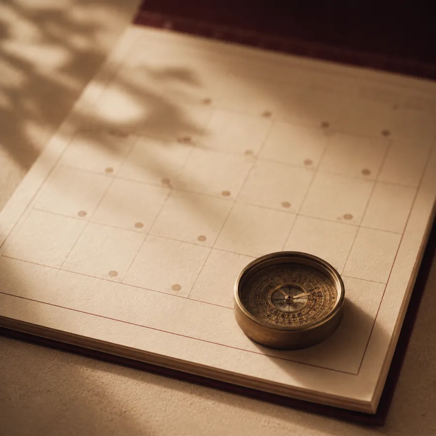 A wall calendar with a brass compass resting on the corner